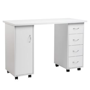 Knocbel Computer Desk Manicure Nail Table with Four Drawers and A Cabinet, with Wheels for Flexible Use, Sturdy Wooden Construction, Large Storage Space, 47.2" L x 21.3" W x 31.9" H White