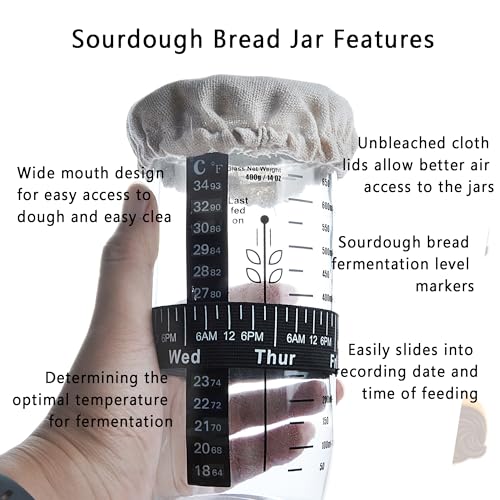 YICHUHOME Sourdough Starter Jar Kit, Wide Mouth Jar with Cloth Cover, Spatula, Thermometer Strip, Measuring Spoons, Metal Lid and Feeding Band, 24Oz Reusable Sour Dough Jar, Home Baking Supplies