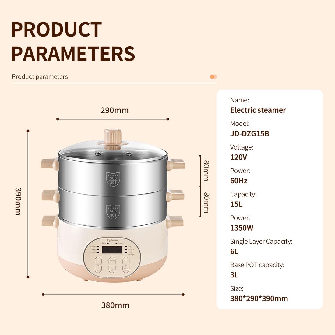 Joydeem Electric Food Steamer for Cooking, 2-Tier Stainless Steel Vegetable & Food Steamers, 15L Large Capacity, JD-DZG15B