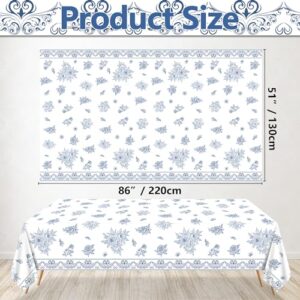 4 Pcs Blue and White Floral Tablecloths, Rectangular Flower Table Cover, Blue White Porcelain Table Cloths for Floral Theme Bridal Baby Shower Wedding Birthday Spring Tea Party Supplies, 51x86 Inch