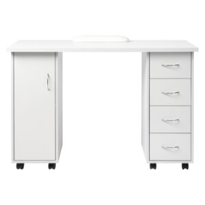 Knocbel Computer Desk Manicure Nail Table with Four Drawers and A Cabinet, with Wheels for Flexible Use, Sturdy Wooden Construction, Large Storage Space, 47.2" L x 21.3" W x 31.9" H White