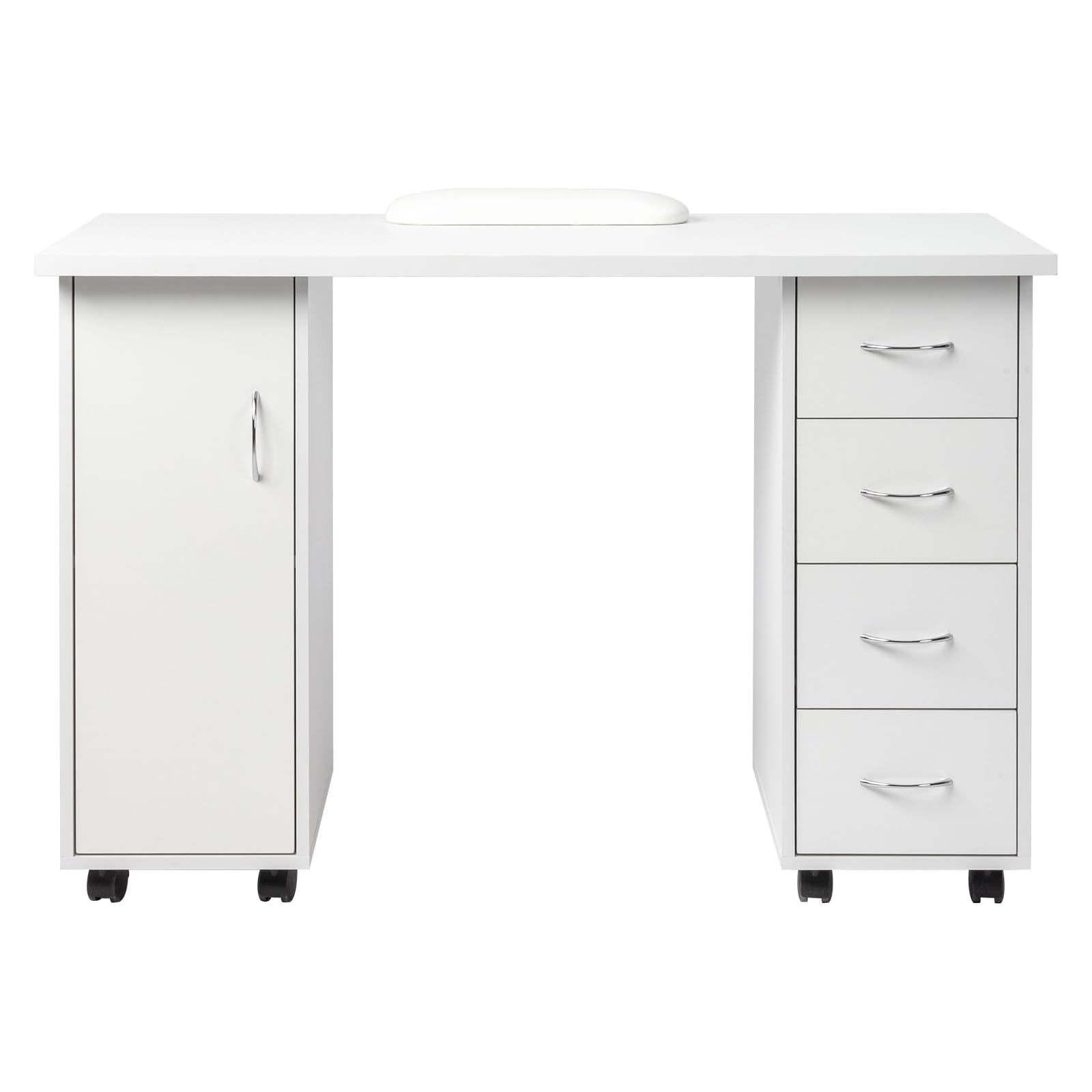 Knocbel Computer Desk Manicure Nail Table with Four Drawers and A Cabinet, with Wheels for Flexible Use, Sturdy Wooden Construction, Large Storage Space, 47.2" L x 21.3" W x 31.9" H White