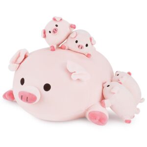 achwishap 5pcs pig family,pig stuffed animal mommy with 4 pig babies plush,cute pig plush pillow cushion doll,kawaii pig plush toy hugging pillow for kids adult(16” pig family)