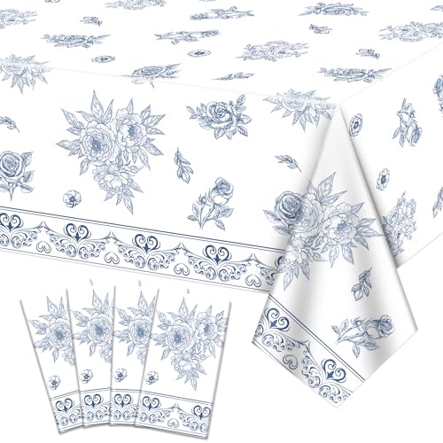 4 Pcs Blue and White Floral Tablecloths, Rectangular Flower Table Cover, Blue White Porcelain Table Cloths for Floral Theme Bridal Baby Shower Wedding Birthday Spring Tea Party Supplies, 51x86 Inch