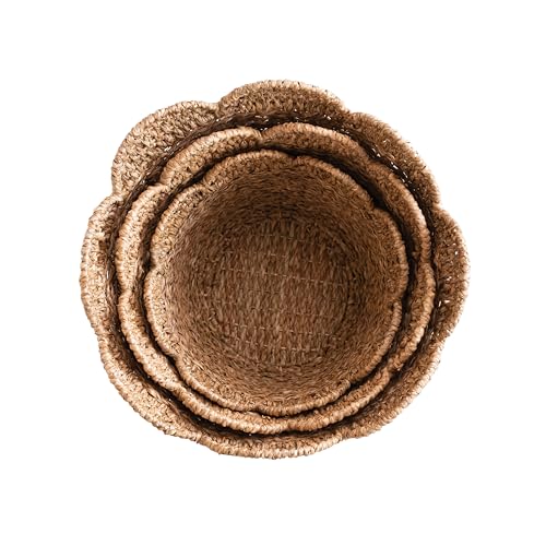 Creative Co-Op Braided Bankuan and Rattan Baskets with Scalloped Edge, Natural, Set of 3