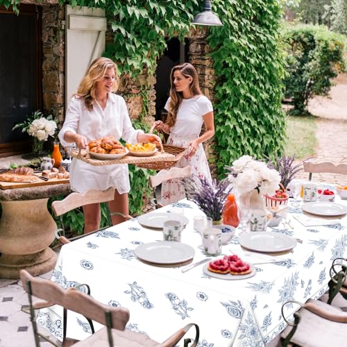 4 Pcs Blue and White Floral Tablecloths, Rectangular Flower Table Cover, Blue White Porcelain Table Cloths for Floral Theme Bridal Baby Shower Wedding Birthday Spring Tea Party Supplies, 51x86 Inch