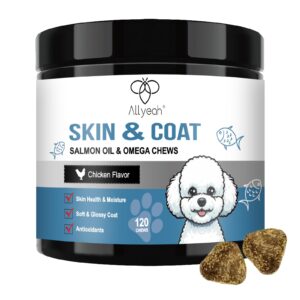 omega 3 fish oil for dogs, salmon oil skin and coat supplement for dogs dog allergy relief, dry & itching skin relief treatment, allergy chews - dog anti shedding treats - shiny coats - epa & dha