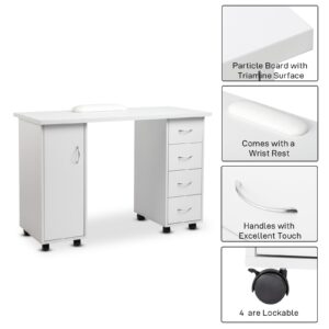 Knocbel Computer Desk Manicure Nail Table with Four Drawers and A Cabinet, with Wheels for Flexible Use, Sturdy Wooden Construction, Large Storage Space, 47.2" L x 21.3" W x 31.9" H White