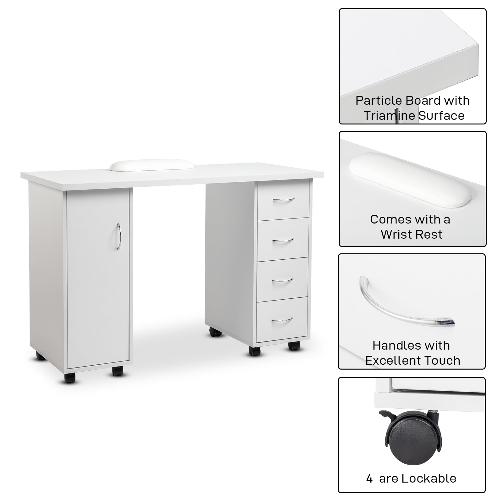 Knocbel Computer Desk Manicure Nail Table with Four Drawers and A Cabinet, with Wheels for Flexible Use, Sturdy Wooden Construction, Large Storage Space, 47.2" L x 21.3" W x 31.9" H White