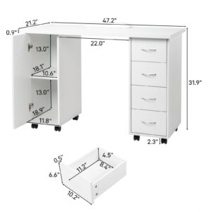 Knocbel Computer Desk Manicure Nail Table with Four Drawers and A Cabinet, with Wheels for Flexible Use, Sturdy Wooden Construction, Large Storage Space, 47.2" L x 21.3" W x 31.9" H White