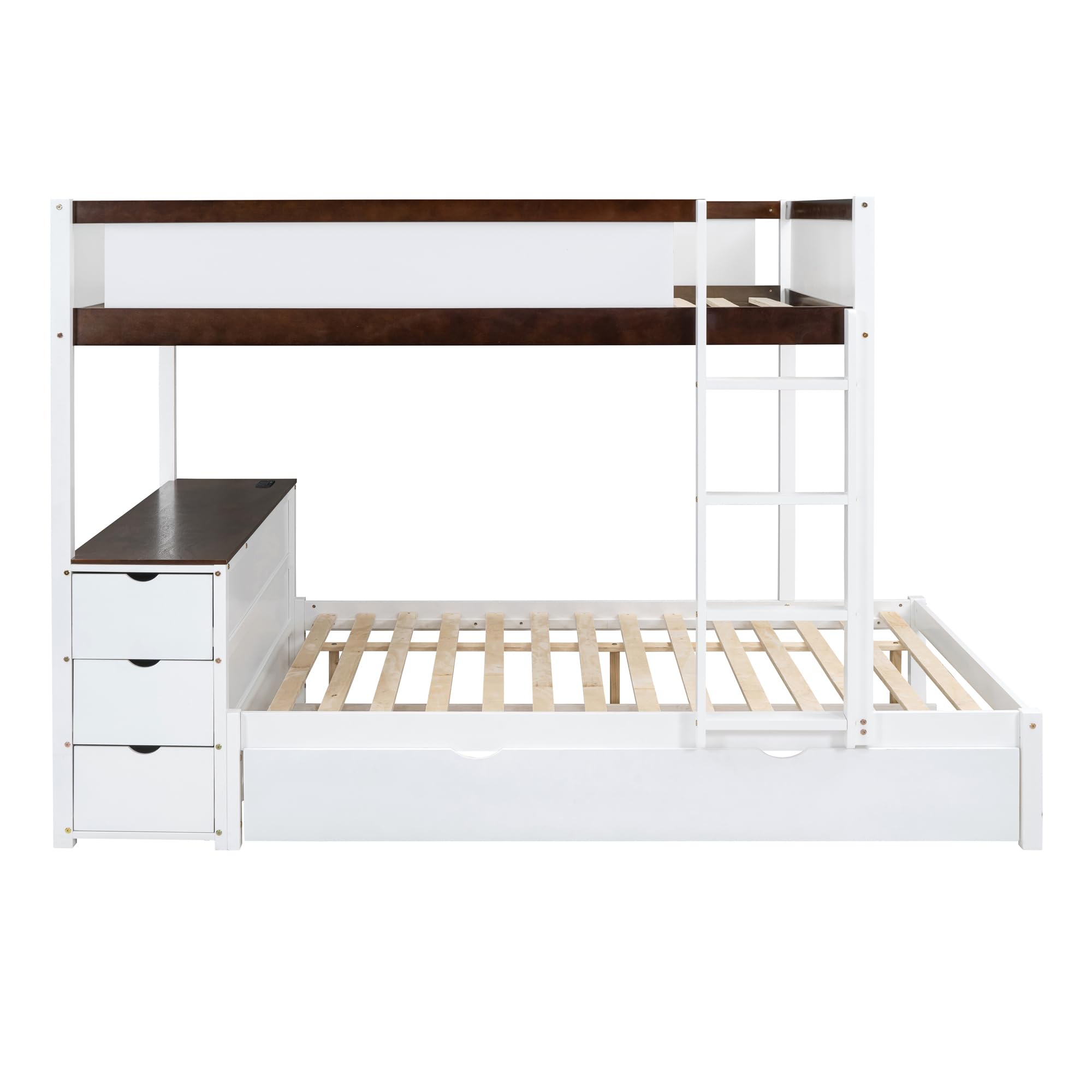 Harper & Bright Designs Full Over Full Bunk Bed Twin Size Trundle, Wood Full Bunk Bed with USB Ports, Storage and Desk, White+Walnut