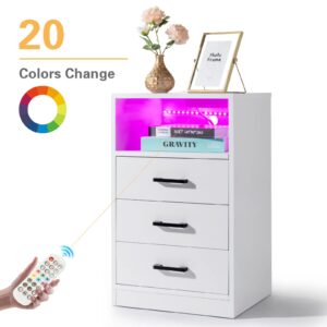 Karl home 3 Drawers Nightstand with Wireless Charging Station for Bedroom, Bedside Table with LED Lights and Storage, End Table for Living Room, AC Outlets USB Ports, Bed Side Table, White