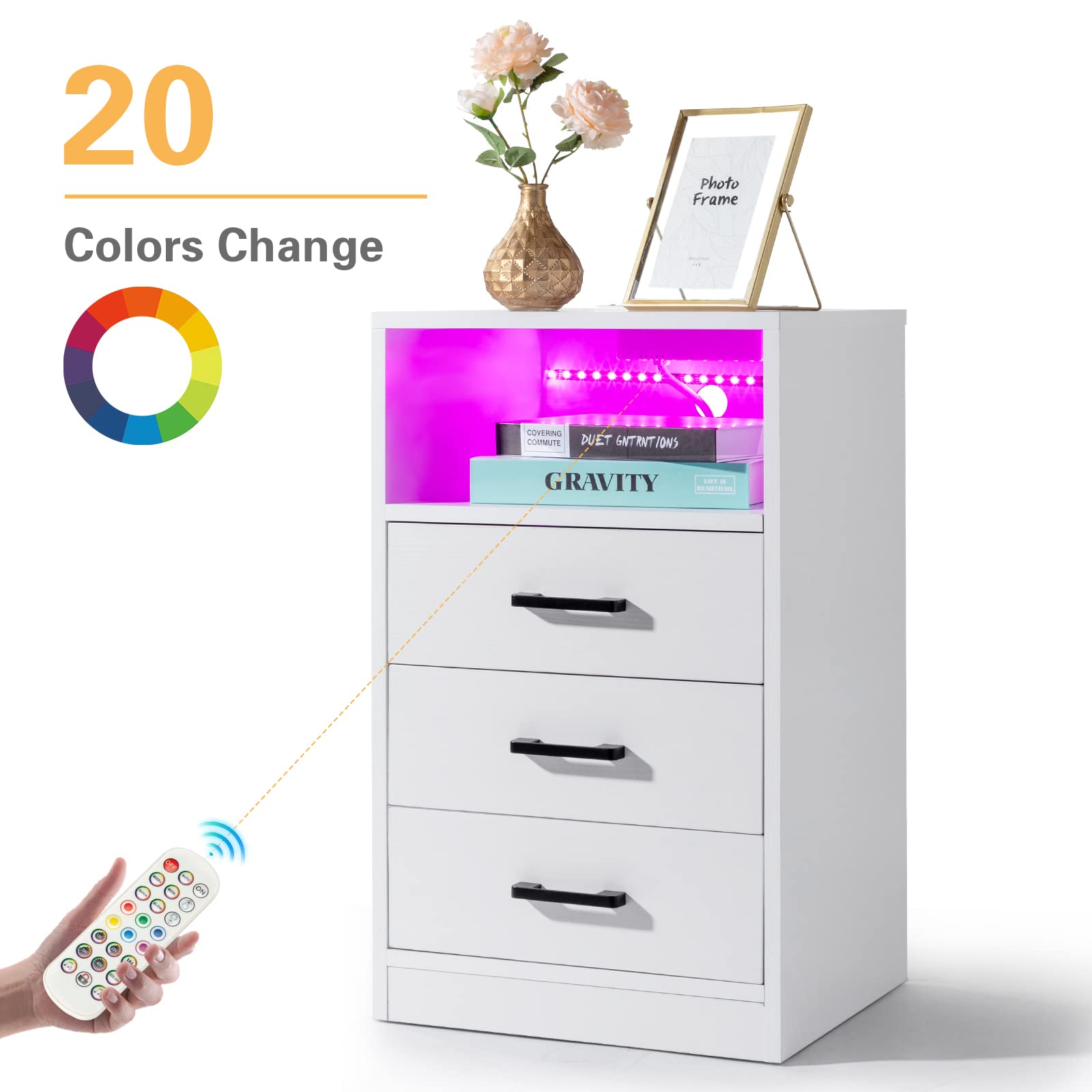 Karl home 3 Drawers Nightstand with Wireless Charging Station for Bedroom, Bedside Table with LED Lights and Storage, End Table for Living Room, AC Outlets USB Ports, Bed Side Table, White