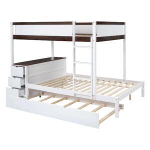 Harper & Bright Designs Full Over Full Bunk Bed Twin Size Trundle, Wood Full Bunk Bed with USB Ports, Storage and Desk, White+Walnut