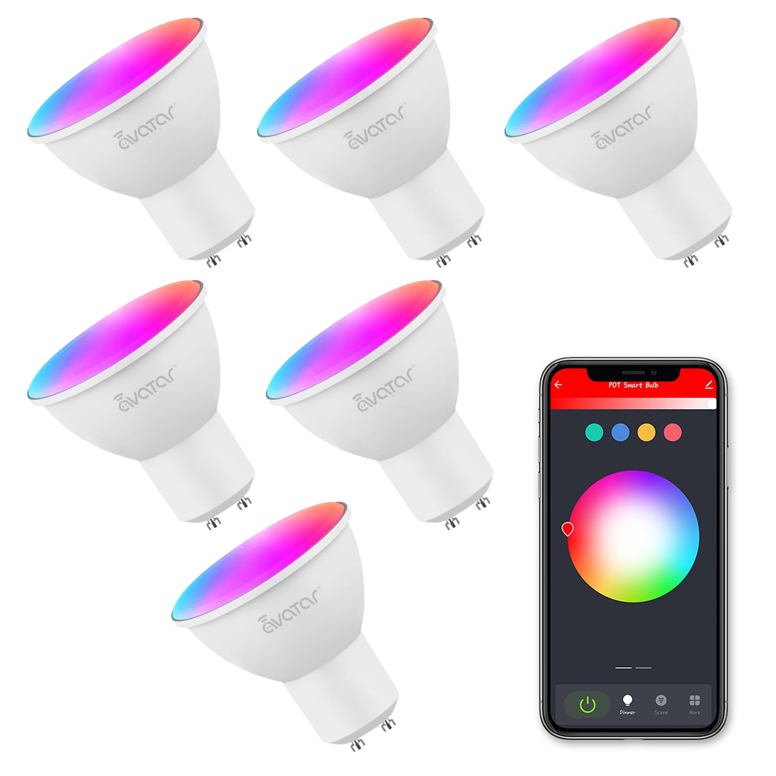 Avatar Controls 6 Pack GU10 WiFi Smart Bulbs, Alexa PAR16 LED Recessed Track Light Bulb 5W Color Changing Music Sync Timer Group Control 100°Beam Angle for Kitchen, Garages, Living Room, Bedroom