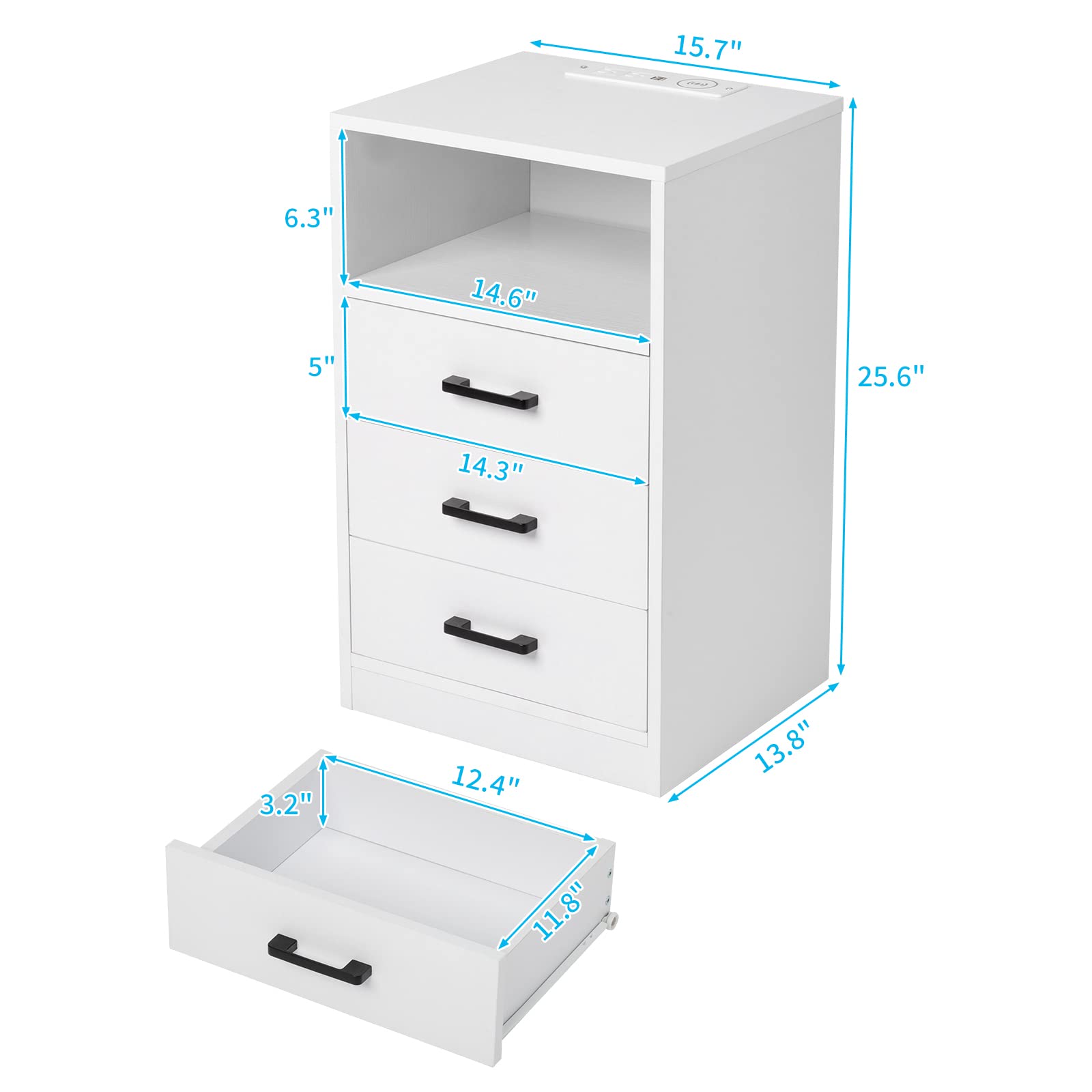 Karl home 3 Drawers Nightstand with Wireless Charging Station for Bedroom, Bedside Table with LED Lights and Storage, End Table for Living Room, AC Outlets USB Ports, Bed Side Table, White