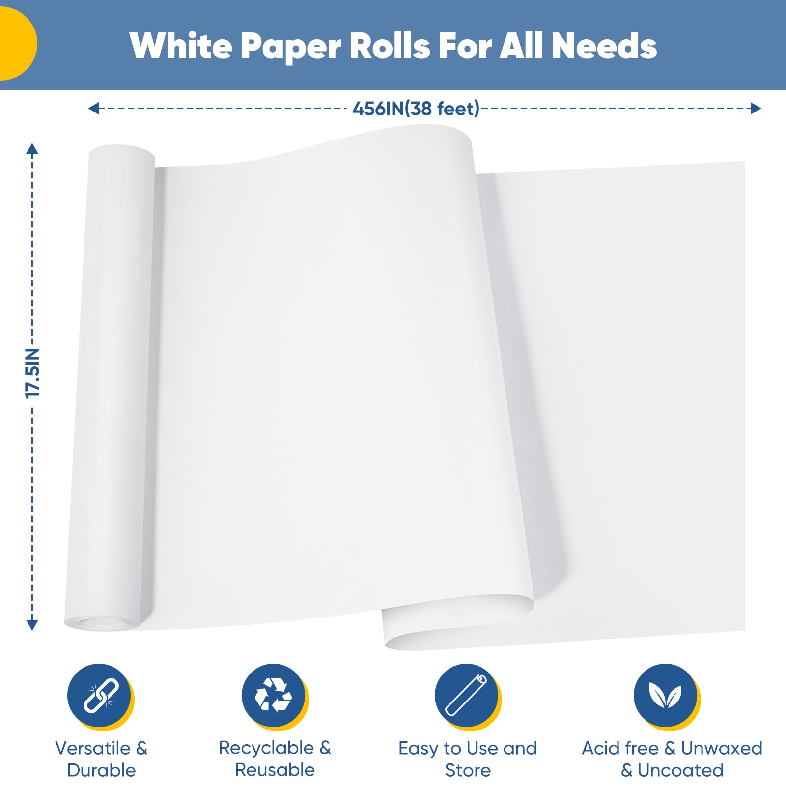 White Wrapping Paper 17.5"x456", Bulletin Board Craft Paper Roll, Poster Chart Easel Painting Drawing Paint Paper, Art Supplies for Kids Toddlers Boys Girls, Kraft Paper for Bouquet Flower Gift Wrap