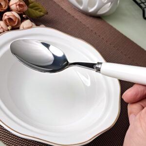 MEIYAHOME 20cm 8inch Fine Dinner Spoon with Round Edge Quality 18-10 Stainless Steel White Ceramic Handle,Soup Spoons Mirror Polishing Cutlery, Main Meal Spoon sus304 Table Spoons (4 Pcs)