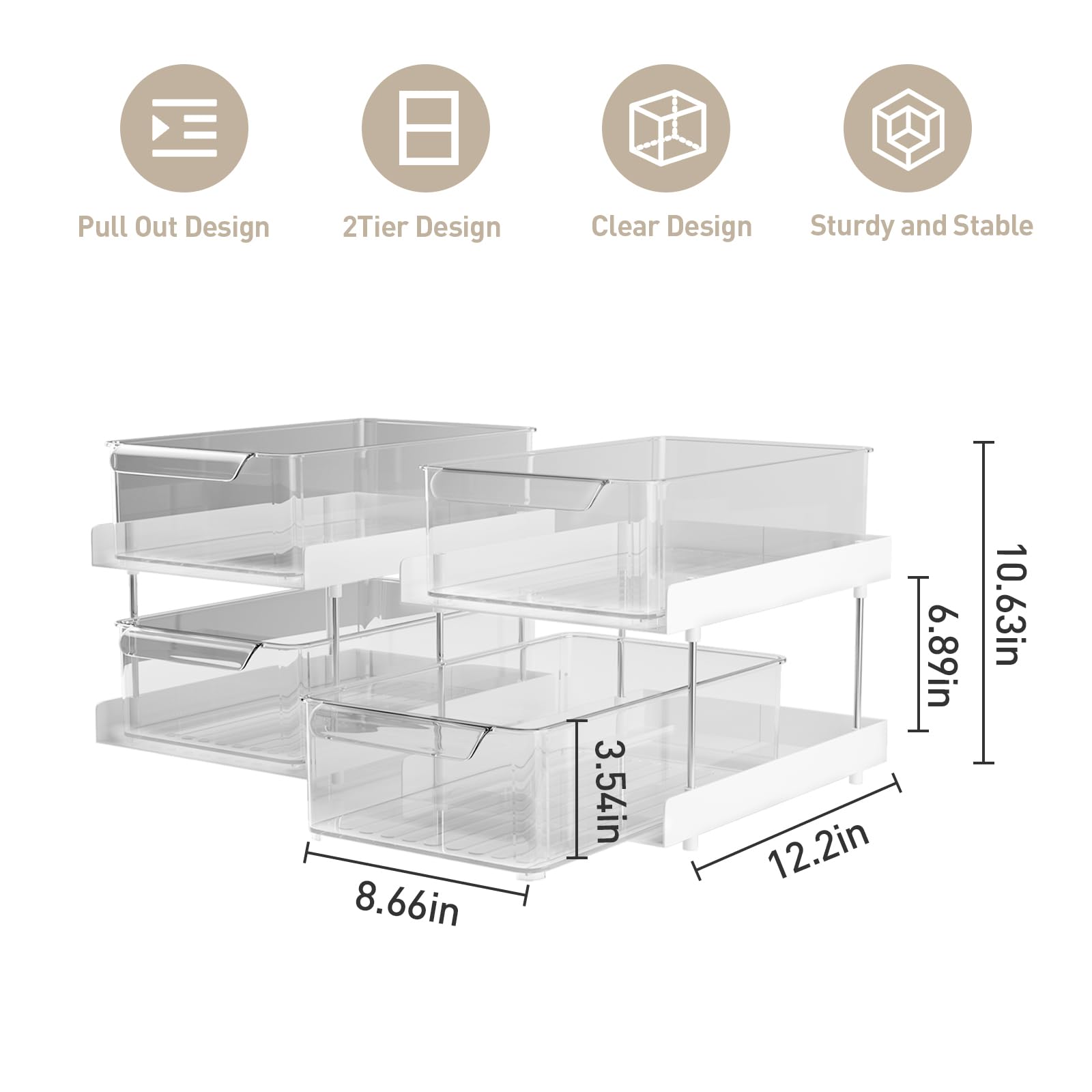 YuzhuSuye Under Sink Organizer 2 Tier Bathroom Storage and Organizer Multi-Purpose Clear Pull Out Cabinet Organizer Drawer Storage Shelves with Handles for Bathroom Kitchen Pantry Closet and Office