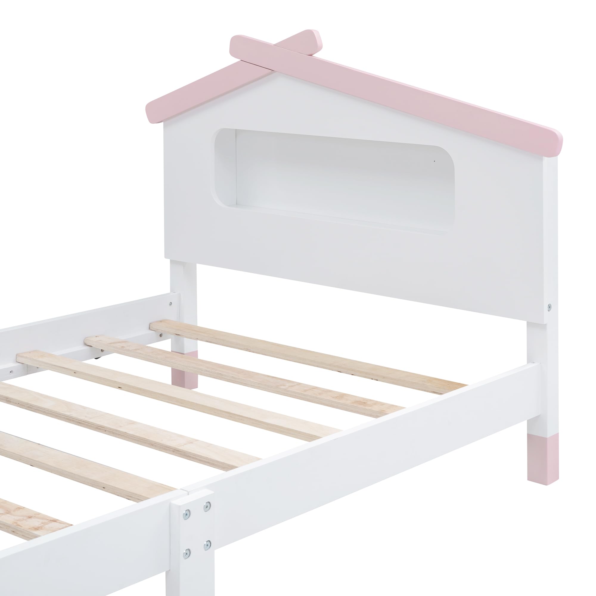 Bellemave Twin Size Platform Bed with House-Shaped Headboard and Motion Activated Night Lights,Wood Twin Kids Bed Frame for Girls,Boys(Twin,Pink)