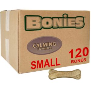 bonies natural calming formula small-sized single bone - contains chamomile & lavender, help anxiety, excessive barking & trembling, chicken flavor, [small dogs], 120 bones