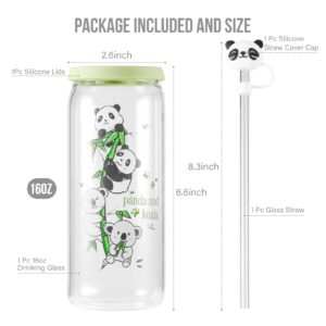 BEWAVE Drinking Glass with Straws, Silicone Lids and Straw Cover Cap, 16oz Can Shaped Glasses Cups, Iced Coffee Glasses, Beer Tumbler, for Whiskey, Soda, Tea, Juice, Gift, Panda, 1 Pack