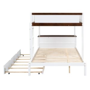 Harper & Bright Designs Full Over Full Bunk Bed Twin Size Trundle, Wood Full Bunk Bed with USB Ports, Storage and Desk, White+Walnut