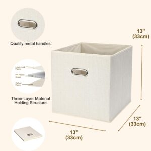 NEATJELAI Storage Cubes 13 Inches Cube Storage Organizer Bins Linen Fabric Storage Container with Metal Hallow Handles,Foldable Design for Shelves Closet Organizers and Storage, 4 Pack, Beige