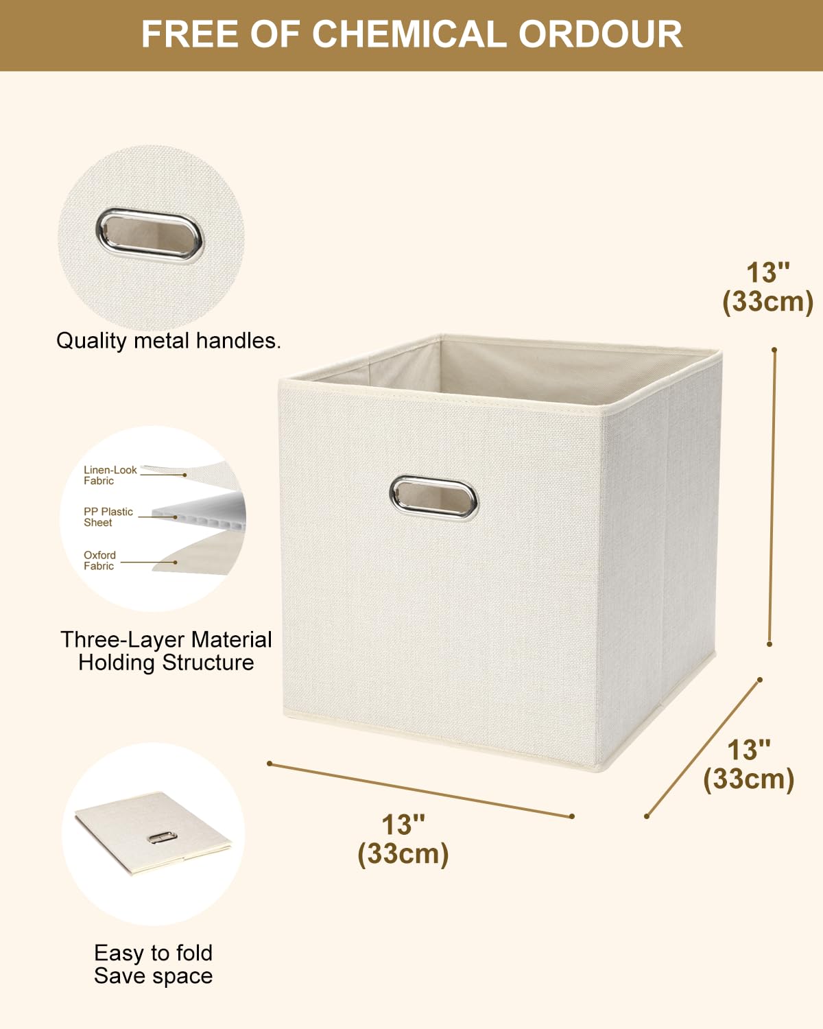 NEATJELAI Storage Cubes 13 Inches Cube Storage Organizer Bins Linen Fabric Storage Container with Metal Hallow Handles,Foldable Design for Shelves Closet Organizers and Storage, 4 Pack, Beige