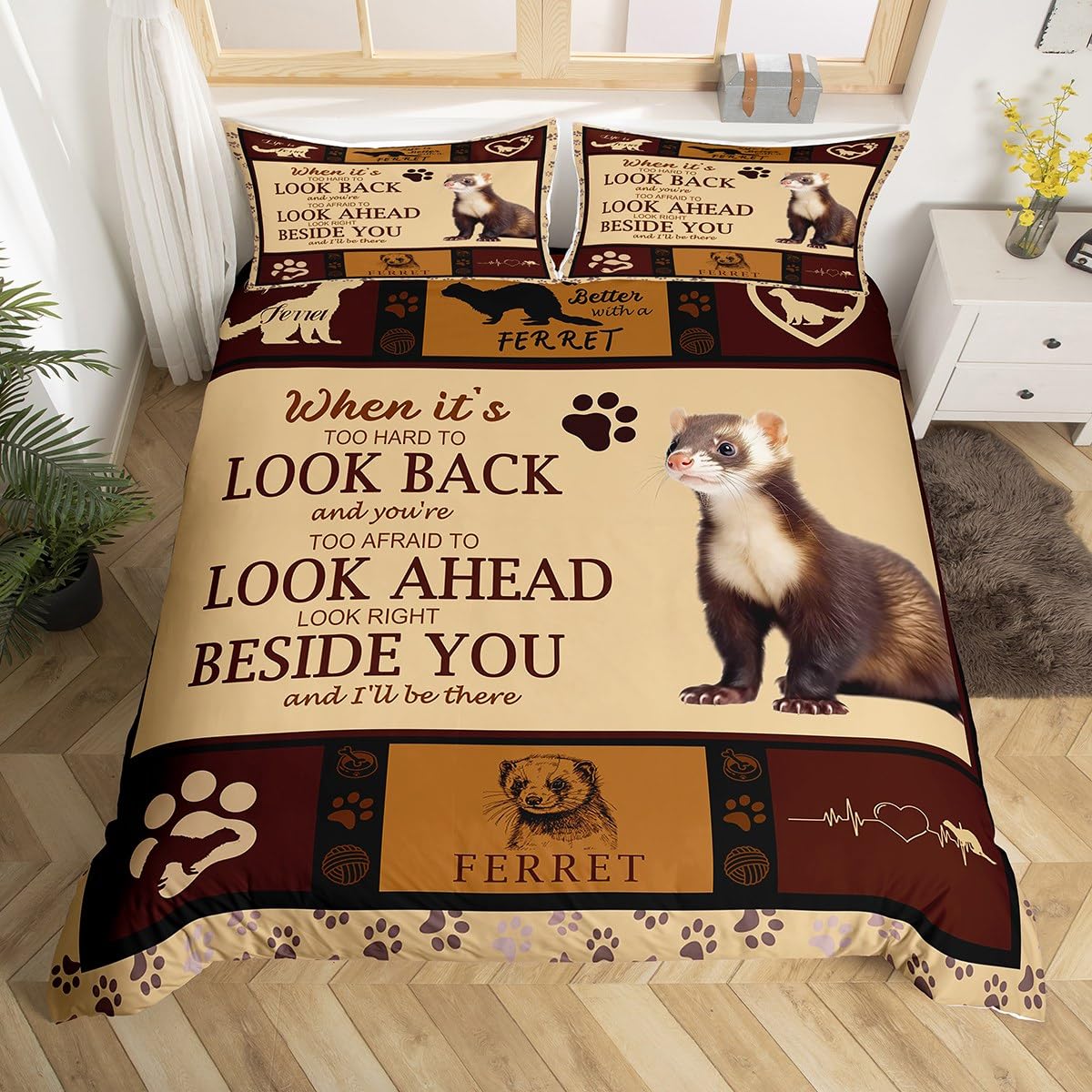 Cartoon Ferret Kids Duvet Cover Set Twin Size,Wildlife Animals Paws Lovely Bedding Set,Girls Boys Women Room Decor,Geometric Plaids Patchwork Comforter Cover,Brown Cute Quilt Cover,1 Pillowcase