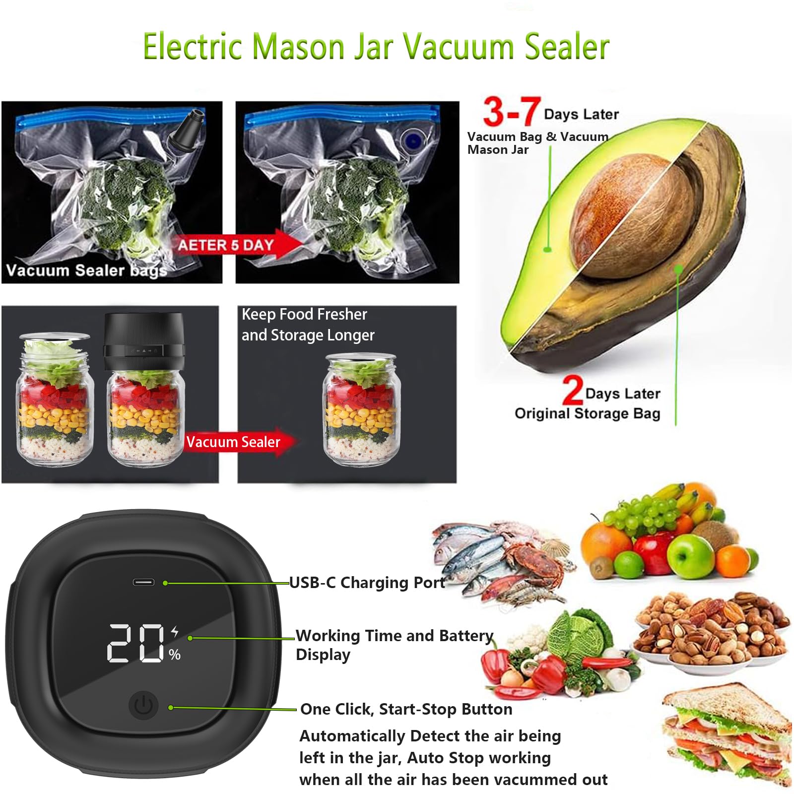 Electric Mason Jar Vacuum Sealer, Automatic Vacuum Sealer for Jars with Wide and Regular Mouth Lids 3-in 1 Canning Jars Vacuum Sealer Kit Portable Vacuum Sealing Machine Food Vacuum Storage