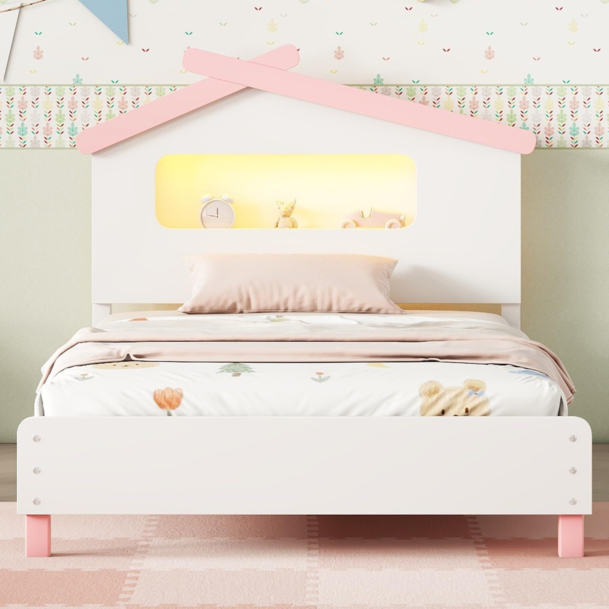 Bellemave Twin Size Platform Bed with House-Shaped Headboard and Motion Activated Night Lights,Wood Twin Kids Bed Frame for Girls,Boys(Twin,Pink)