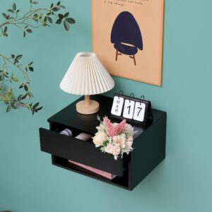 Wall Mounted Floating Night Stand - Wall Mounted Floating Nightstand with Drawer for Dorm & Bedroom, Cute Natural Wood Bedside Shelf & Desk, Storage Table with Soft Close Rails, Shelve for Decor