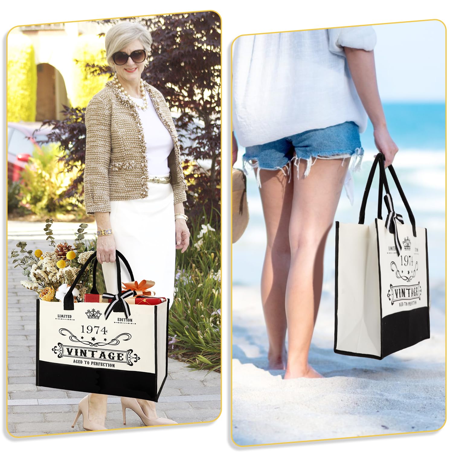 50th Birthday Gifts for Women Canvas Tote Bag Travel Gear, Unique 50 Years Old Gifts for Wife Sister Mom Aunt Friends Her Turning 50, Vintage 1974 Beach Bag & Cosmetic Bag & Back in 1974 Poster