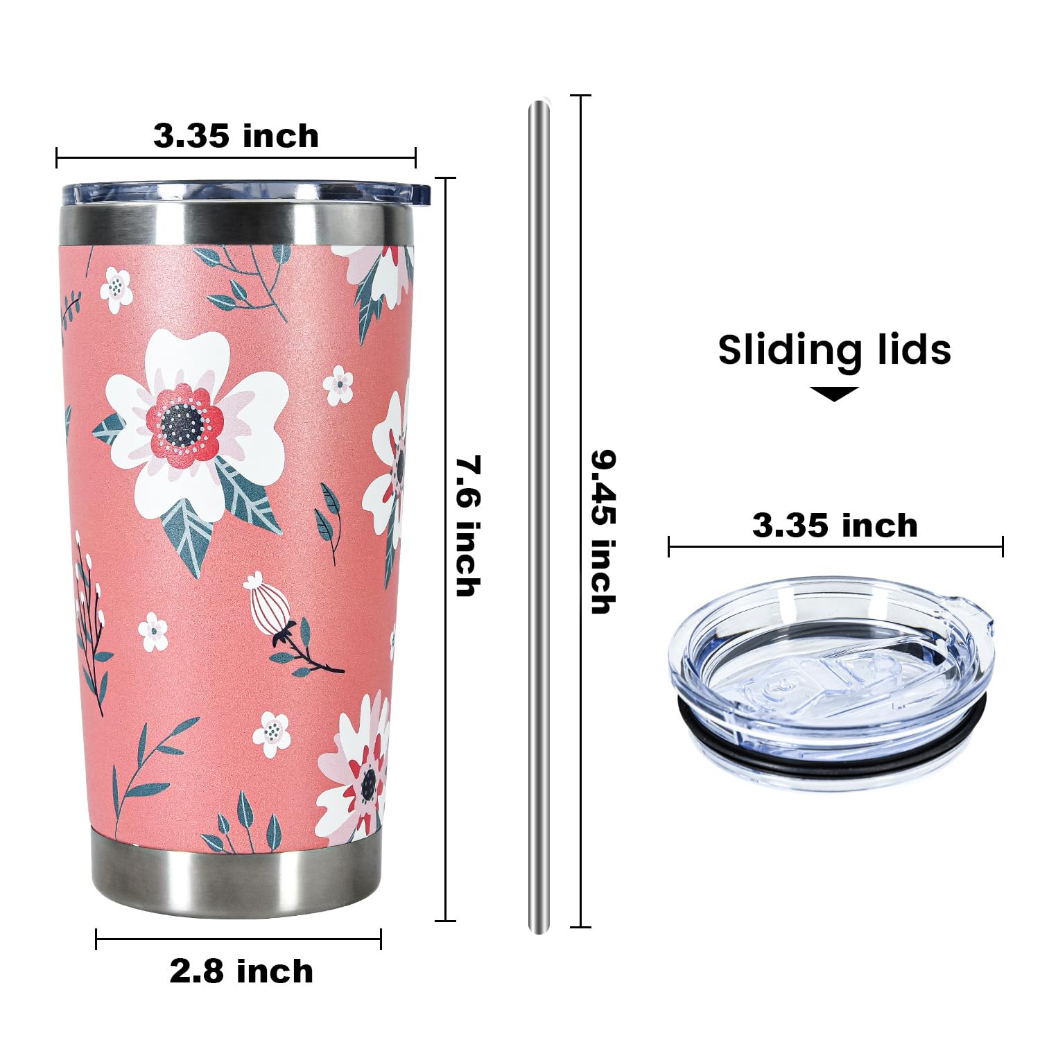 20oz Tumbler with Lid and Straw, Flower Coffee Mug Double Wall Vacuum Insulated Travel Mug Floral Cup Stainless Steel Water Bottle Reusable Tumblers with Car Coaster for Ice Drinks, Hot Beverage, Pink