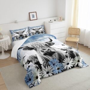 Erosebridal Highland Cow Print Comforter Set Twin,Blue Western Farmhouse Bedding Sets Rustic Home Decor,Longhorn Cattle Farm Animal Bed Set Grunge Daisy Flower Quilt Cowboys Gifts for Boys Girls Kids