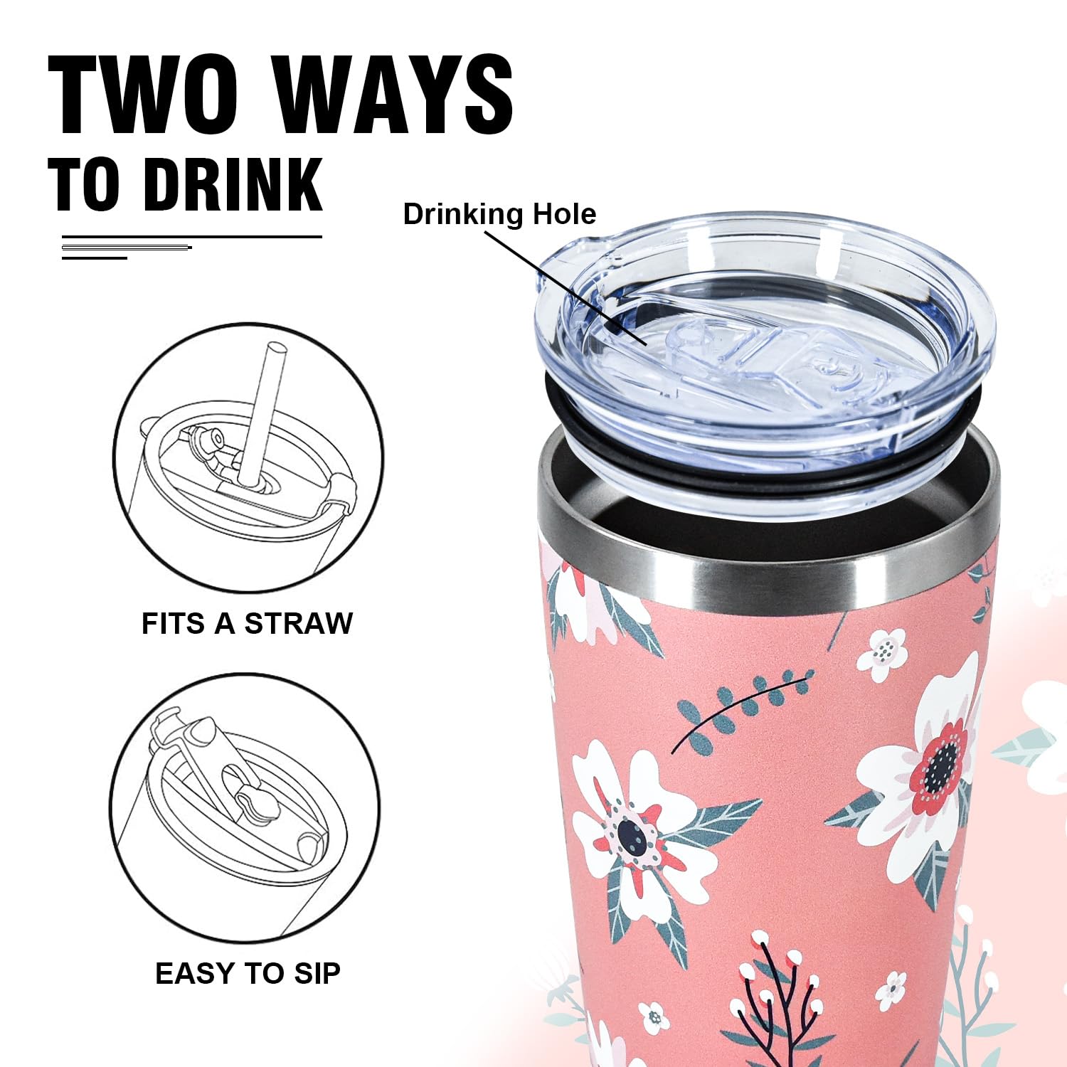 20oz Tumbler with Lid and Straw, Flower Coffee Mug Double Wall Vacuum Insulated Travel Mug Floral Cup Stainless Steel Water Bottle Reusable Tumblers with Car Coaster for Ice Drinks, Hot Beverage, Pink