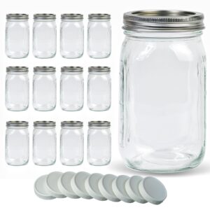 jumterlee mason jars 32 oz 12 pack, wide mouth mason jars with airtight lids and 12 white plastic mason jar lids, clear glass mason jars, canning jars