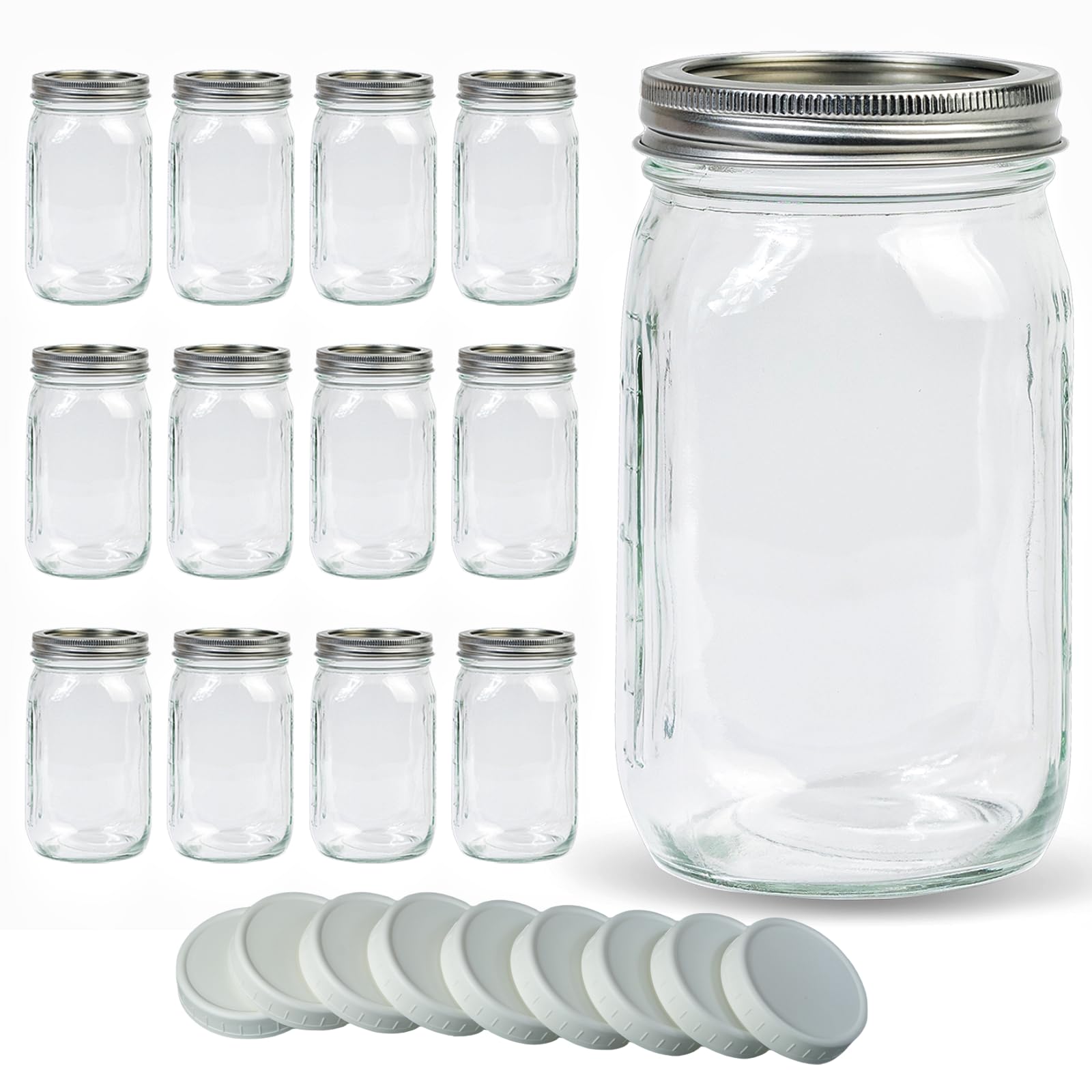 Jumterlee Mason Jars 32 oz 12 Pack, Wide Mouth Mason Jars with Airtight Lids and 12 White Plastic Mason Jar Lids, Clear Glass Mason Jars, Canning Jars