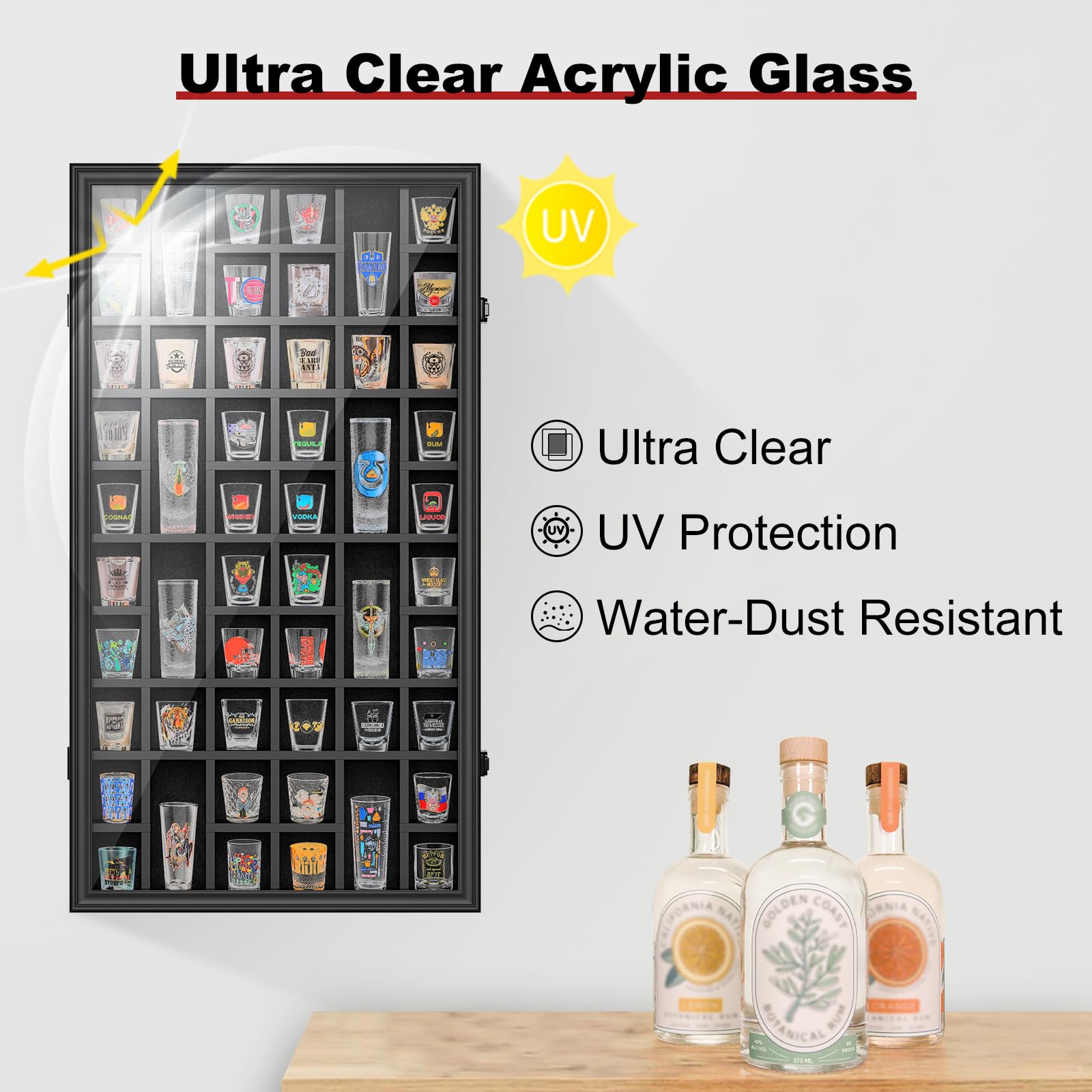 Shot Glass Display Case, 52 Slots Shot Glass Holder Lockable Wall Mounted Shadow Box with UV Protection Acrylic Glass Shot Glass Door Storage Case for Multiple Shot Glasses