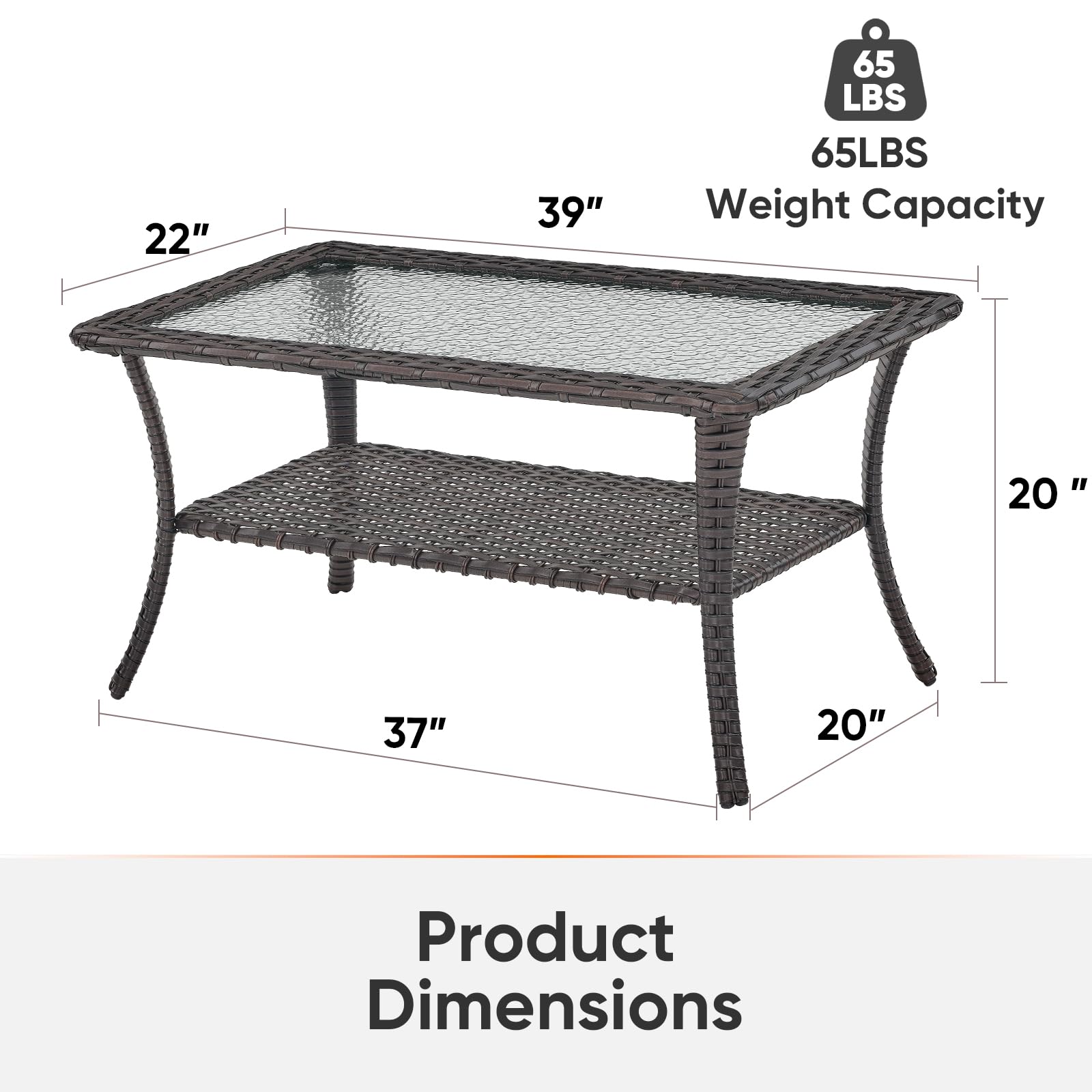 Outdoor Coffee Table - Patio Rattan Wicker Coffee Table with Tempered Glass Top and 2-Tier Storage Outdoor Table for Deck Porch Balcony Garden - Brown