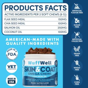 WuffWell - Omega 3 for Dogs with Salmon Oil 140ct - Dog Skin and Coat Supplement - Allergy and Itch Relief - Fish Oil for Dogs Chews - Dog Anti Shedding Supplement - Dry Skin Treatment - Made in USA