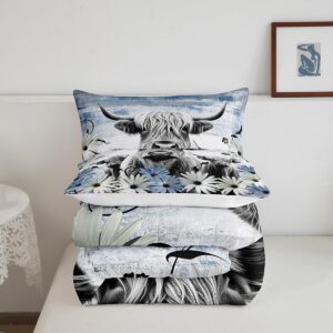 Erosebridal Highland Cow Print Comforter Set Twin,Blue Western Farmhouse Bedding Sets Rustic Home Decor,Longhorn Cattle Farm Animal Bed Set Grunge Daisy Flower Quilt Cowboys Gifts for Boys Girls Kids