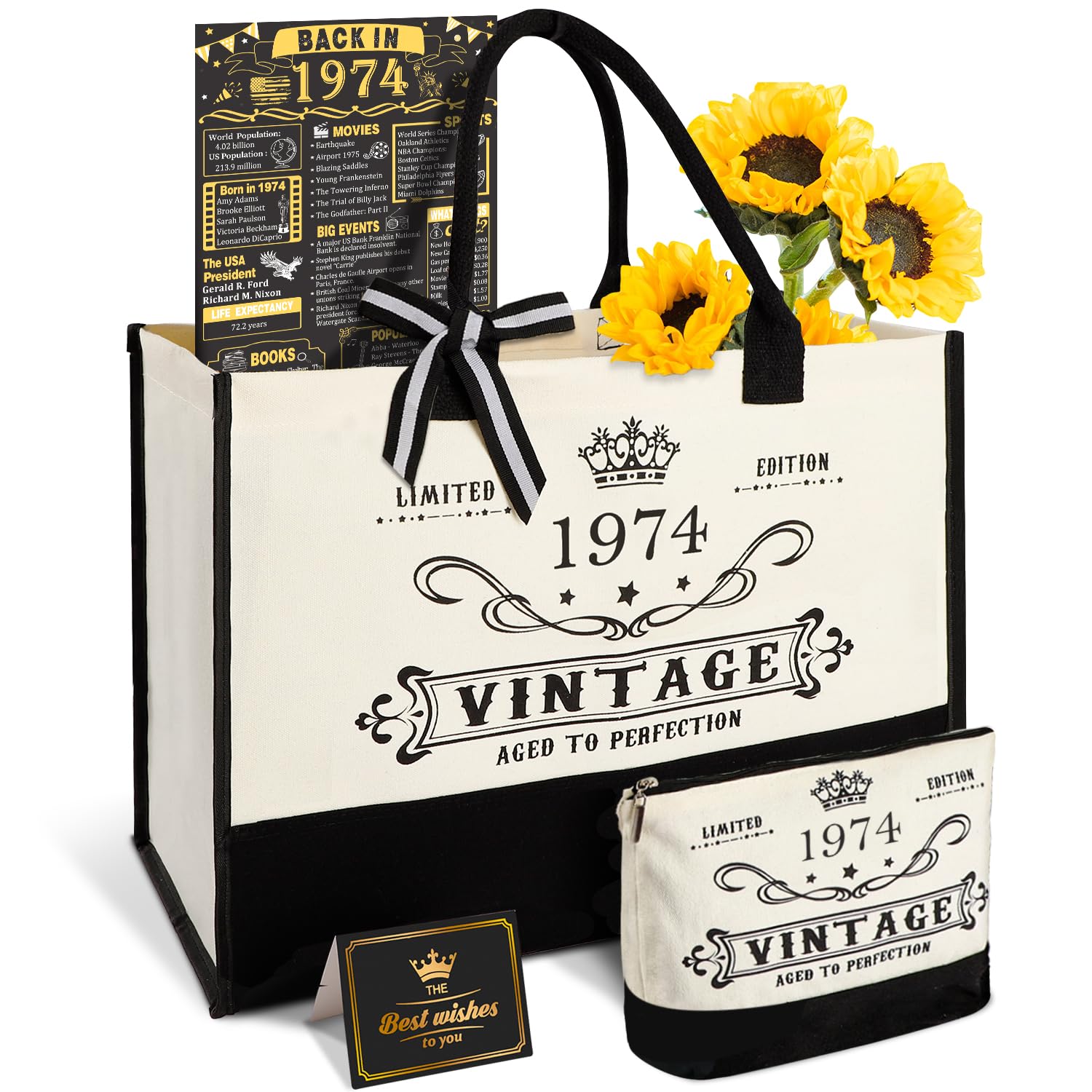 50th Birthday Gifts for Women Canvas Tote Bag Travel Gear, Unique 50 Years Old Gifts for Wife Sister Mom Aunt Friends Her Turning 50, Vintage 1974 Beach Bag & Cosmetic Bag & Back in 1974 Poster