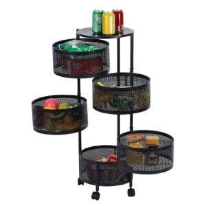 grebest kitchen fruit vegetable storage cart, 5 tier circular rotating basket with 360 degree wheels, metal wire shelf with top lid for living room/kitchen/office black five layers