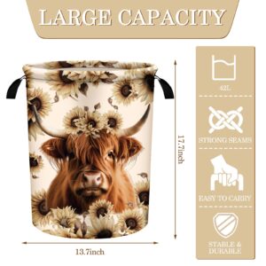 Qinyoung 17.7 x 13.7 Inch Highland Cow Laundry Basket Foldable Waterproof Oxford Cloth Laundry Hamper Clothes Storage Bucket Toy Organizer Farm Animal Storage Basket Bin for Bathroom Nursery Office