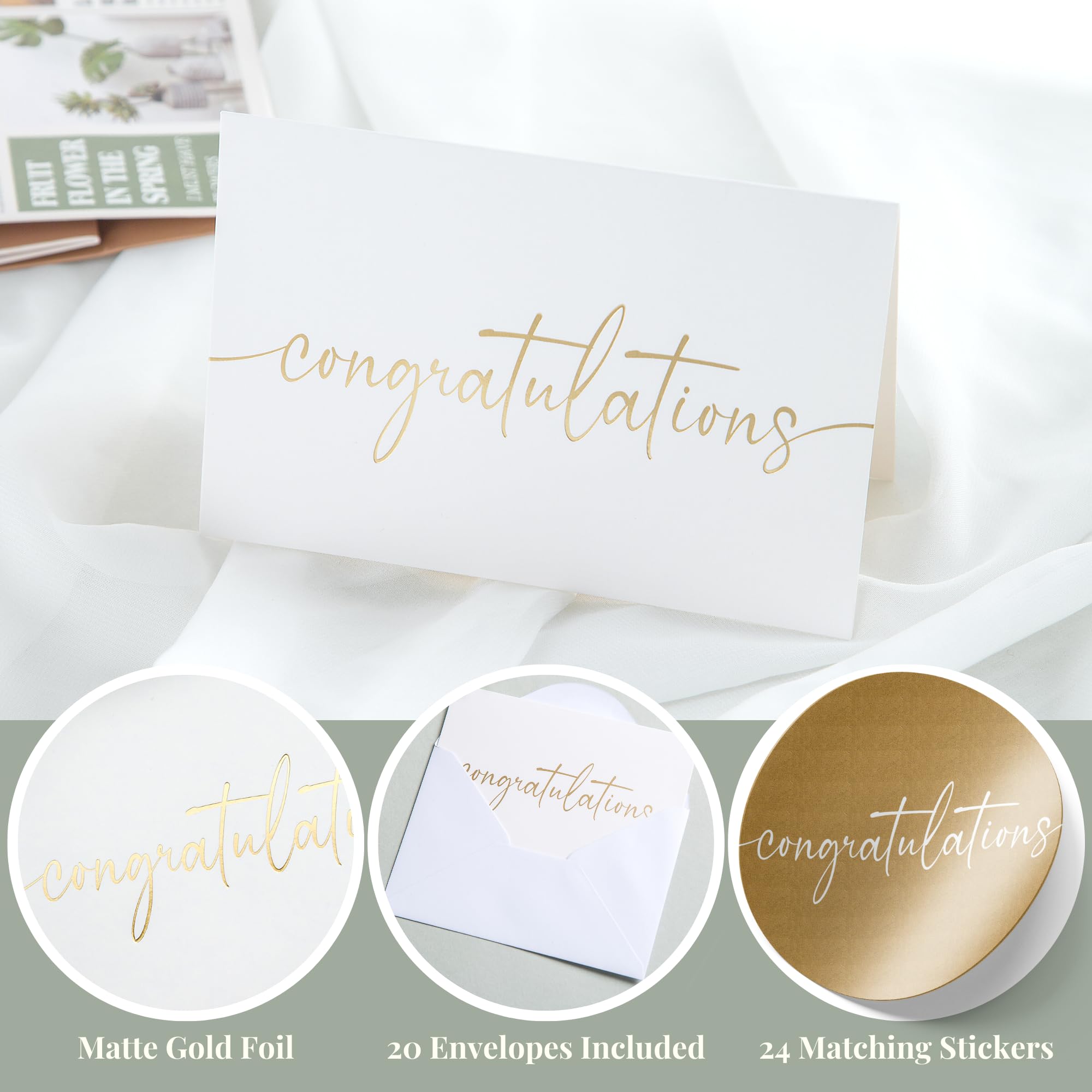 Congratulations Cards with Envelopes and Matching Stickers, Matte Gold Foil Design - Bulk Pack of 20, 4x6 Inch Minimalistic - Suitable for Business, Graduation, Weddings and Milestone Celebrations