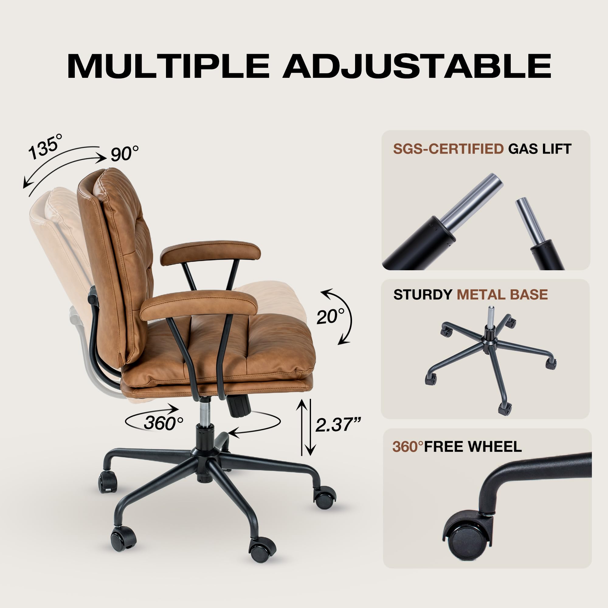 SUGOLD Brown Office Desk Chair, PU Leather Chair with Lumbar Support, Removable Armrests, Comfortable Adjustable Swivel Task Chair for Home, Office, Small Space,Dresser, Bedroom