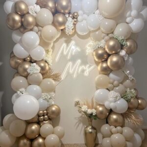 White Sand Gold Balloon Garland Arch kit 144pcs Beige Nude White with Metallic Chrome Gold Latex Balloons for Wedding Bridal Shower Engagement Party Decorations Birthday Baby Shower Supplies