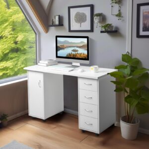 Knocbel Computer Desk Manicure Nail Table with Four Drawers and A Cabinet, with Wheels for Flexible Use, Sturdy Wooden Construction, Large Storage Space, 47.2" L x 21.3" W x 31.9" H White